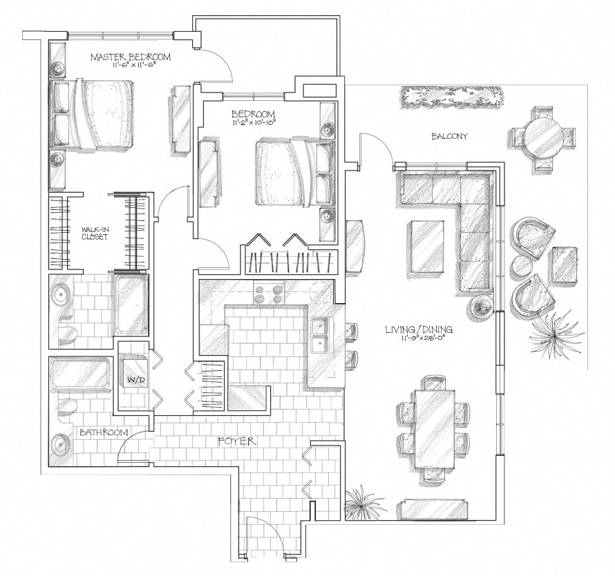 Floor plan for 2 beds, 2 baths, 1176 sqft